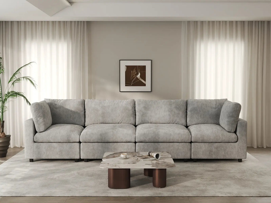 Deluxe Cloud 4-Seater Light Grey Couch Sectional | 4-Piece, Linen-Blend Chenille Fabric, Washable Cushion Covers