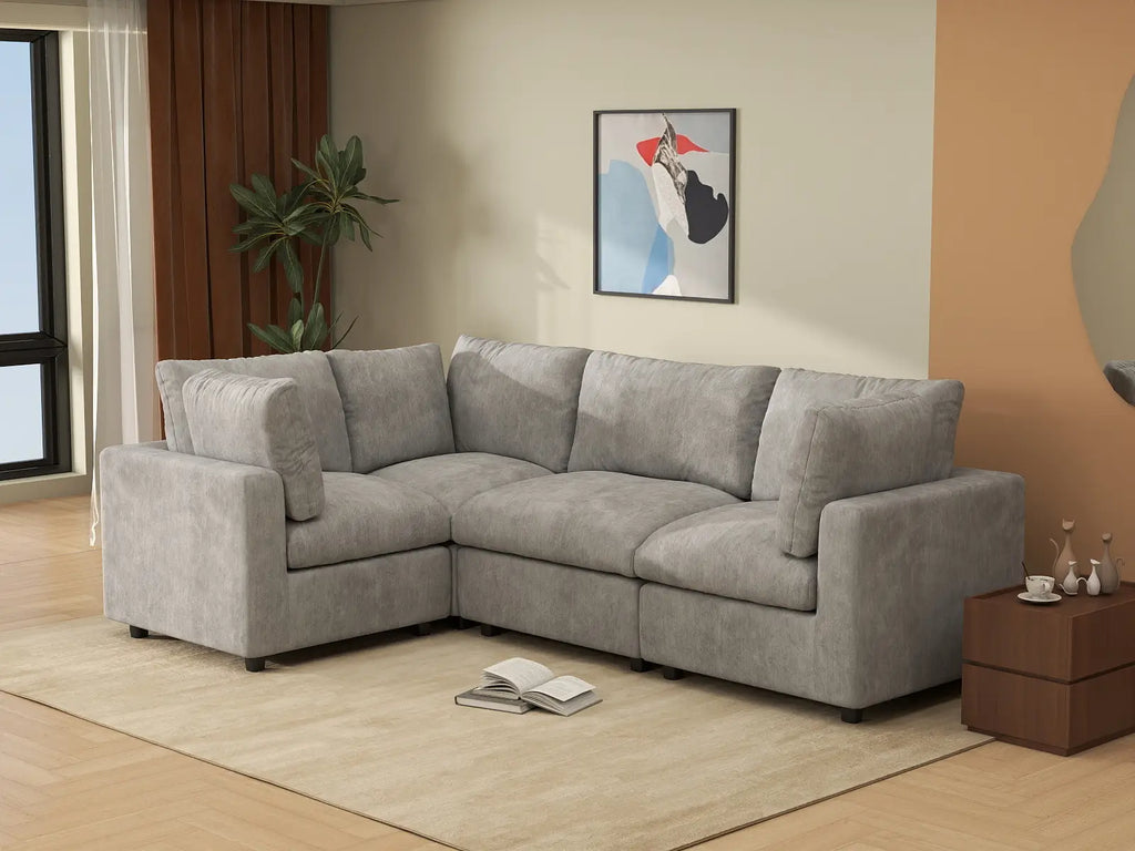 Deluxe Cloud 4-Seater Light Grey L-Shaped Sectional | 4-Piece, Linen-Blend Chenille Fabric, Washable Cushion Covers
