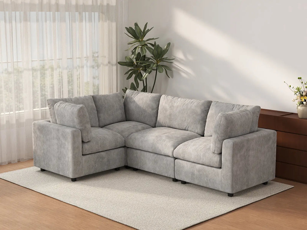 Deluxe Cloud 4-Seater Light Grey L-Shaped Sectional | 4-Piece, Linen-Blend Chenille Fabric, Washable Cushion Covers