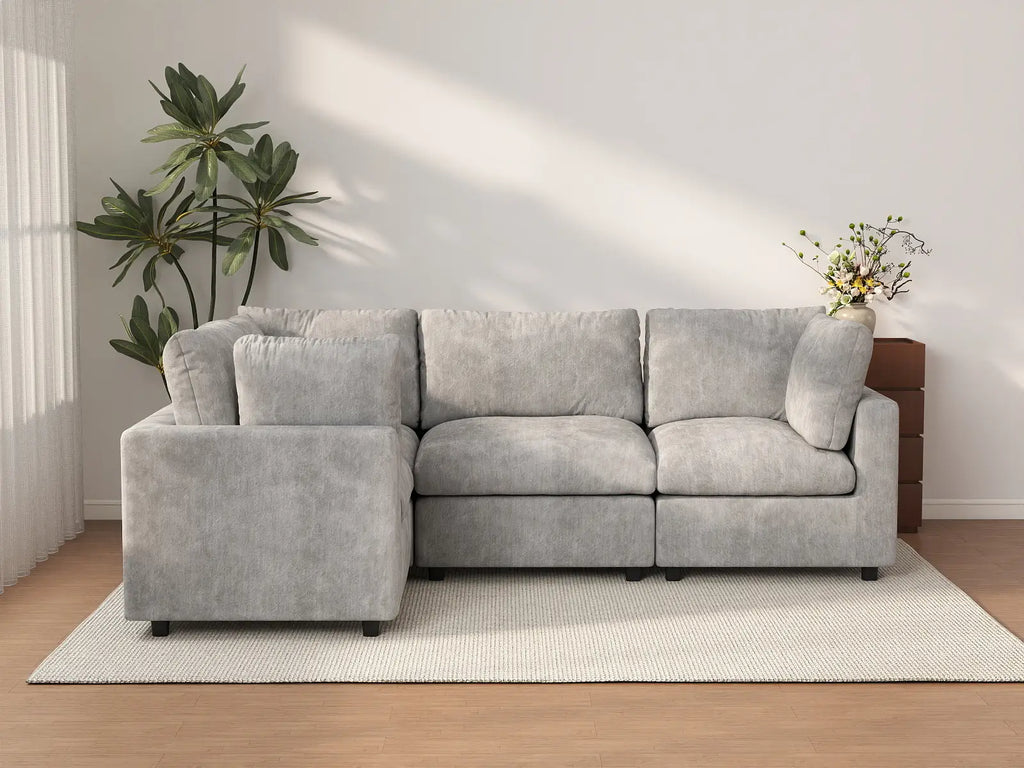 Deluxe Cloud 4-Seater Light Grey L-Shaped Sectional | 4-Piece, Linen-Blend Chenille Fabric, Washable Cushion Covers