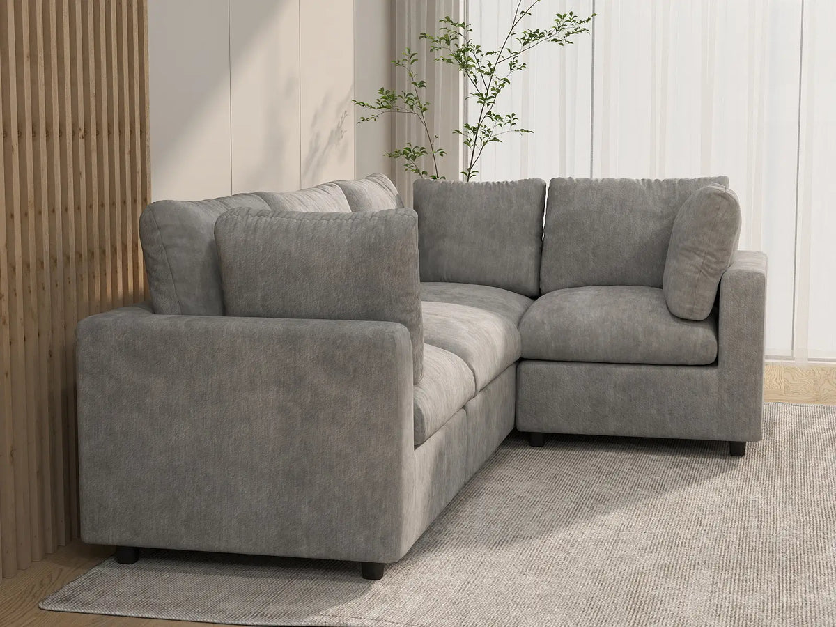 Deluxe Cloud 4-Seater Light Grey L-Shaped Sectional | 4-Piece, Linen-Blend Chenille Fabric, Washable Cushion Covers