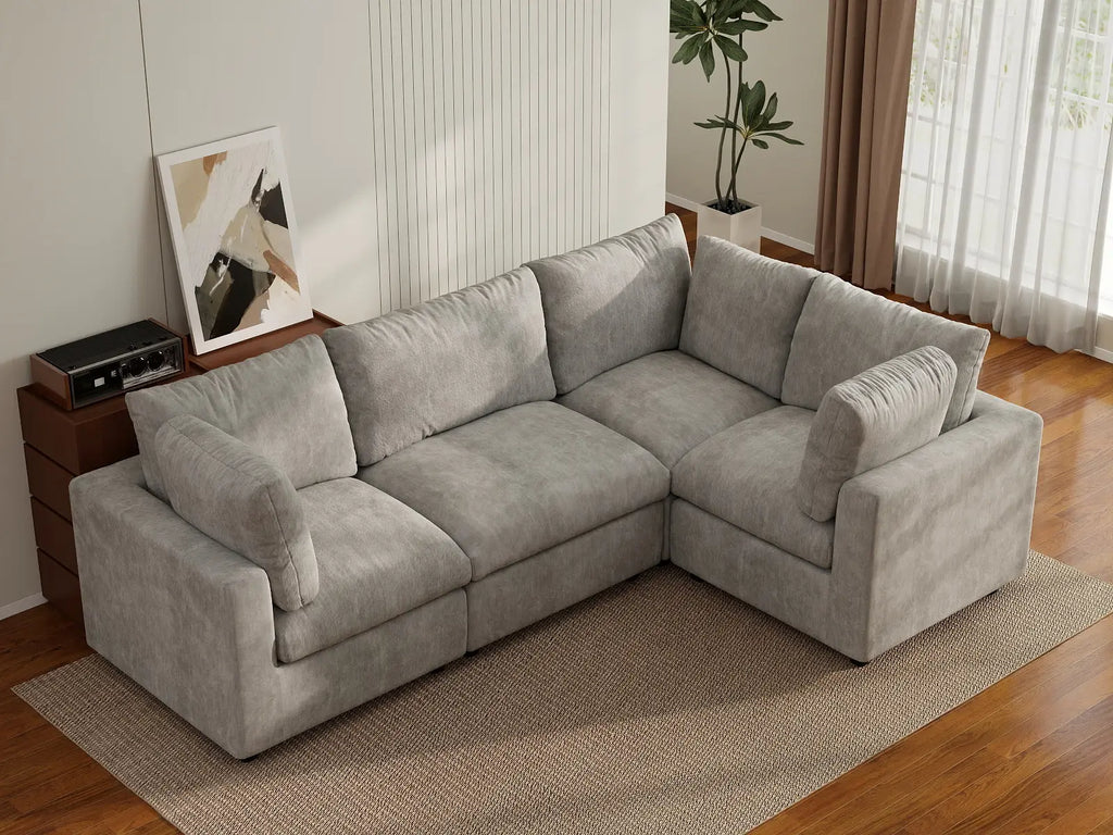 Deluxe Cloud 4-Seater Light Grey L-Shaped Sectional | 4-Piece, Linen-Blend Chenille Fabric, Washable Cushion Covers