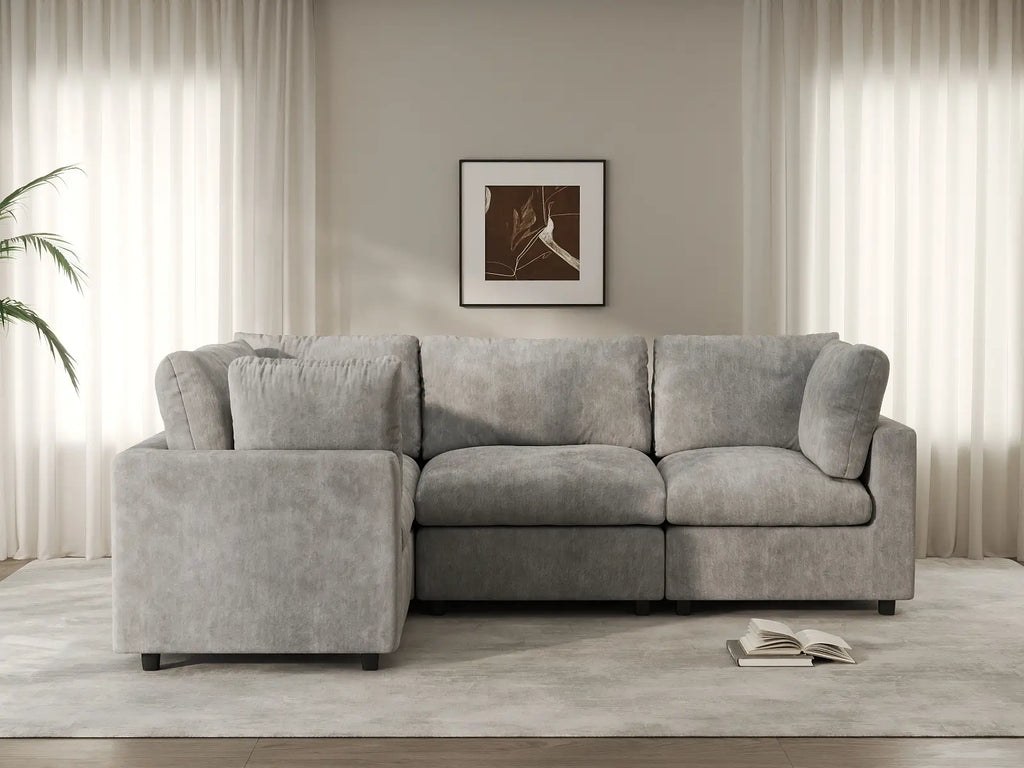 Deluxe Cloud 4-Seater Light Grey L-Shaped Sectional | 4-Piece, Linen-Blend Chenille Fabric, Washable Cushion Covers