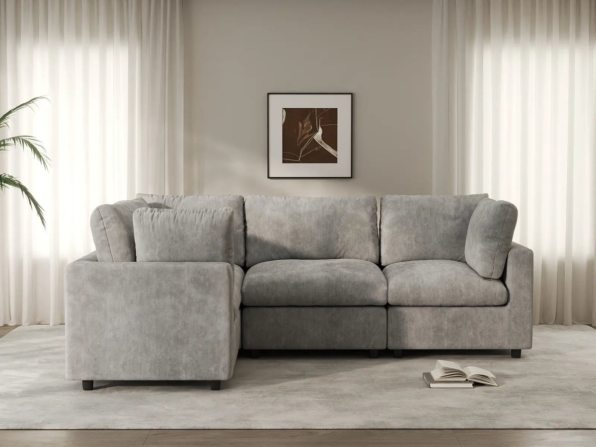 Deluxe Cloud 4-Seater Light Grey L-Shaped Sectional | 4-Piece, Linen-Blend Chenille Fabric, Washable Cushion Covers