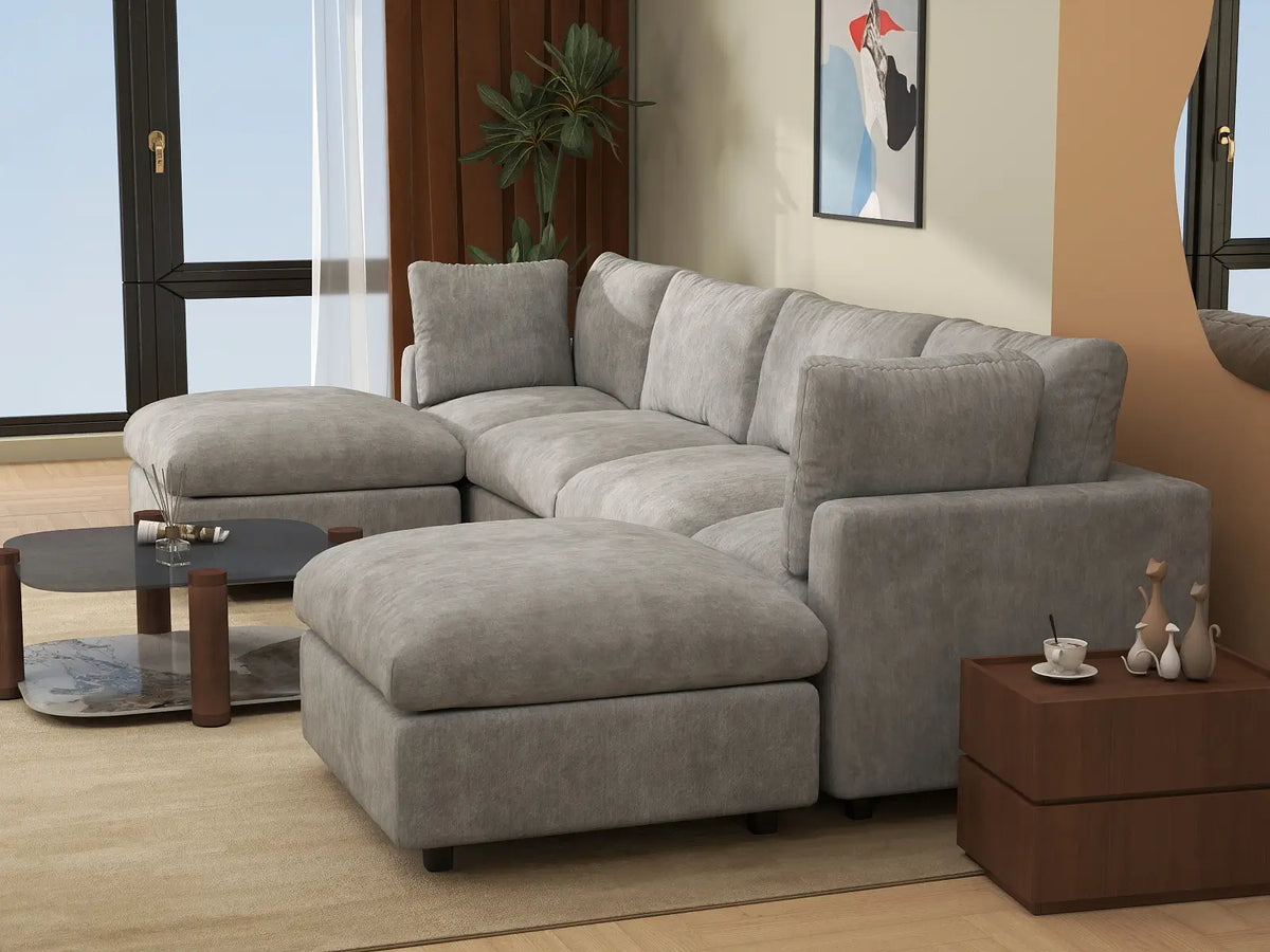 Deluxe Cloud 4-Seater Light Grey U-Shaped Sectional | 6-Piece (Includes 2 Ottomans), Linen-Blend Chenille Fabric, Washable Cushion Covers
