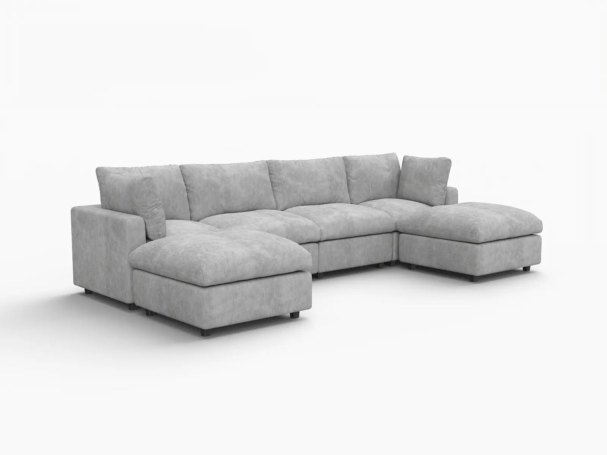 Deluxe Cloud 4-Seater Light Grey U-Shaped Sectional | 6-Piece (Includes 2 Ottomans), Linen-Blend Chenille Fabric, Washable Cushion Covers