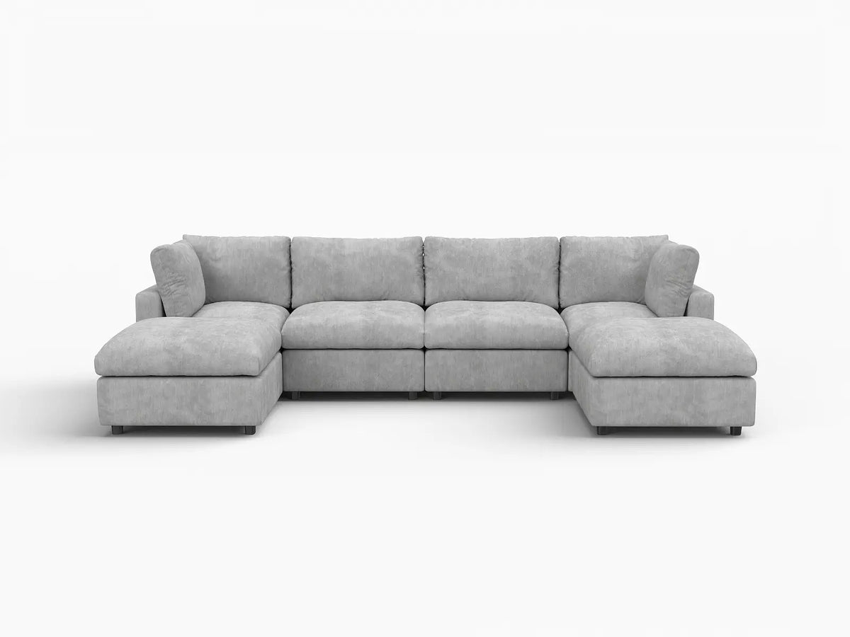 Deluxe Cloud 4-Seater Light Grey U-Shaped Sectional | 6-Piece (Includes 2 Ottomans), Linen-Blend Chenille Fabric, Washable Cushion Covers