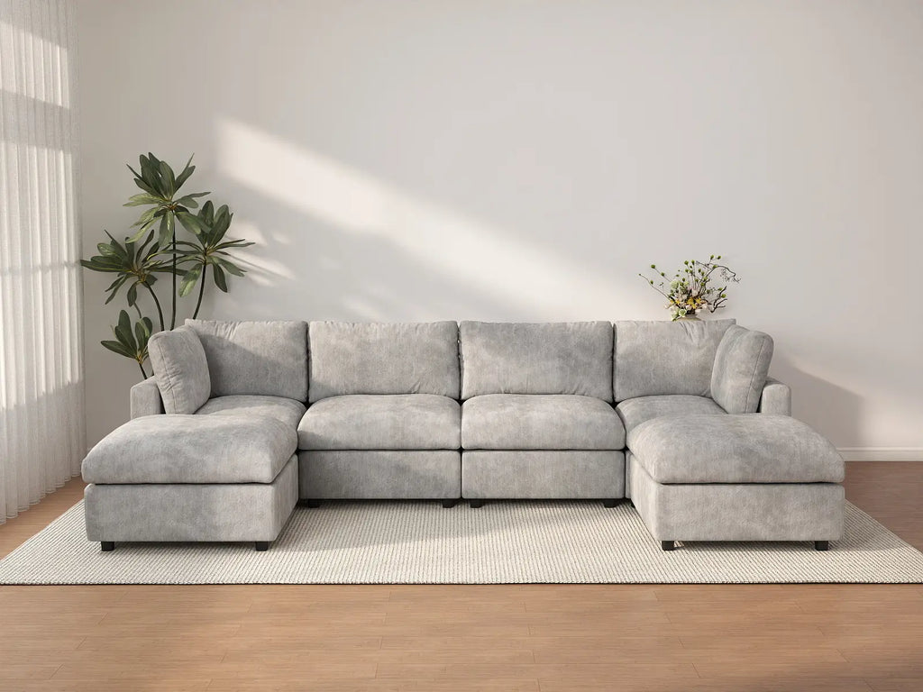 Deluxe Cloud 4-Seater Light Grey U-Shaped Sectional | 6-Piece (Includes 2 Ottomans), Linen-Blend Chenille Fabric, Washable Cushion Covers