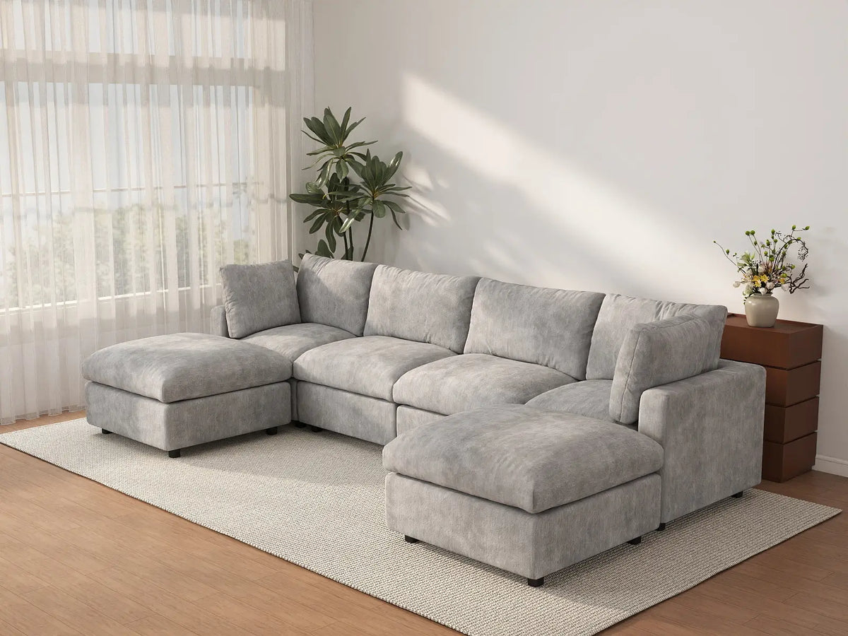 Deluxe Cloud 4-Seater Light Grey U-Shaped Sectional | 6-Piece (Includes 2 Ottomans), Linen-Blend Chenille Fabric, Washable Cushion Covers