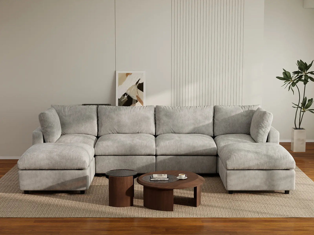 Deluxe Cloud 4-Seater Light Grey U-Shaped Sectional | 6-Piece (Includes 2 Ottomans), Linen-Blend Chenille Fabric, Washable Cushion Covers