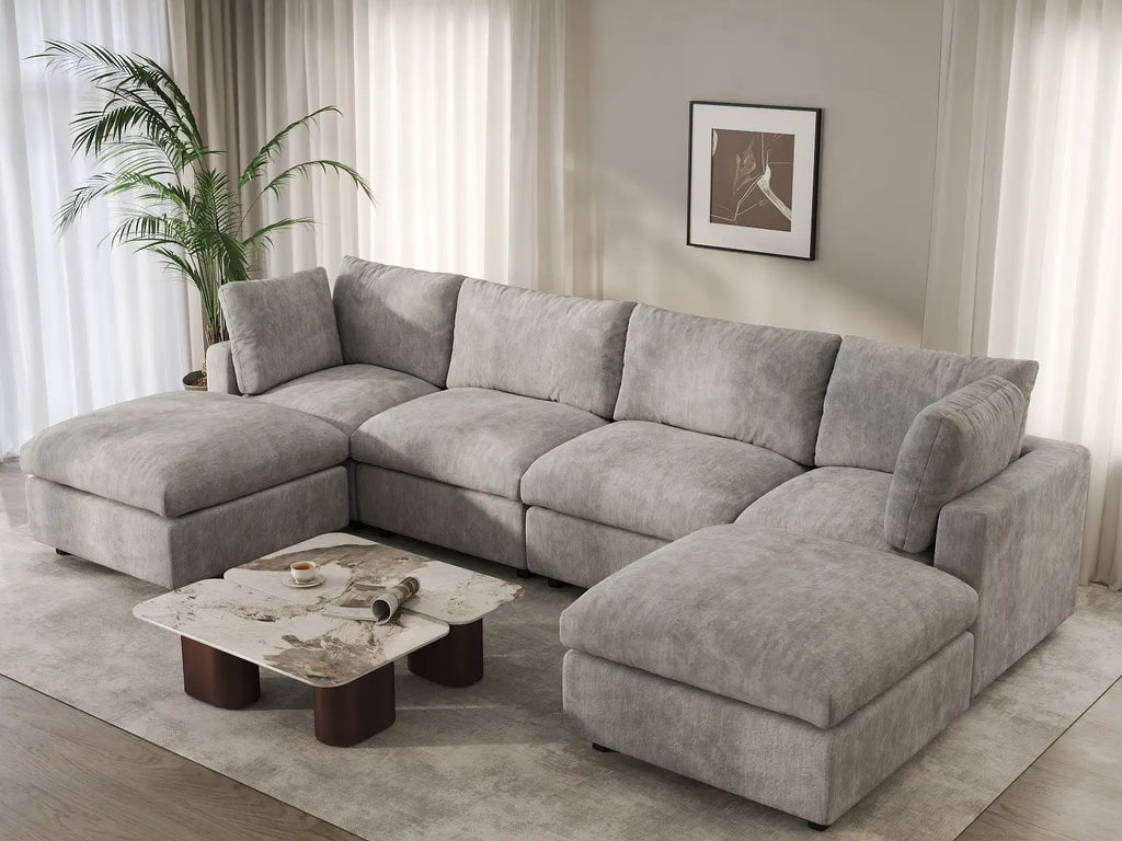 Deluxe Cloud 4-Seater Light Grey U-Shaped Sectional | 6-Piece (Includes 2 Ottomans), Linen-Blend Chenille Fabric, Washable Cushion Covers