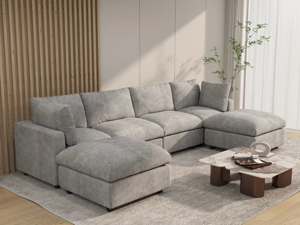 Deluxe Cloud 4-Seater Light Grey U-Shaped Sectional | 6-Piece (Includes 2 Ottomans), Linen-Blend Chenille Fabric, Washable Cushion Covers
