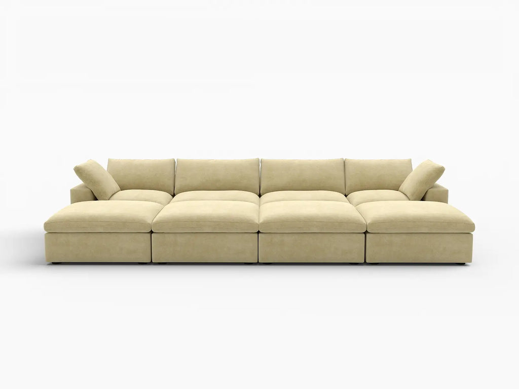 Deluxe Cloud 4-Seater Pit Sectional in Beige Velvet | 8-Piece (Includes 4 Ottomans), Family Room Seating, Easy To Clean, Stylish Design