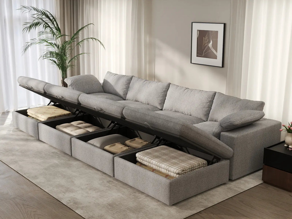 Deluxe Cloud 4-Seater Pit Sectional in Light-Grey Cotton And Linen | 8-Piece (Includes 4 Ottomans), Family Room Seating, Easy To Clean, Open Space