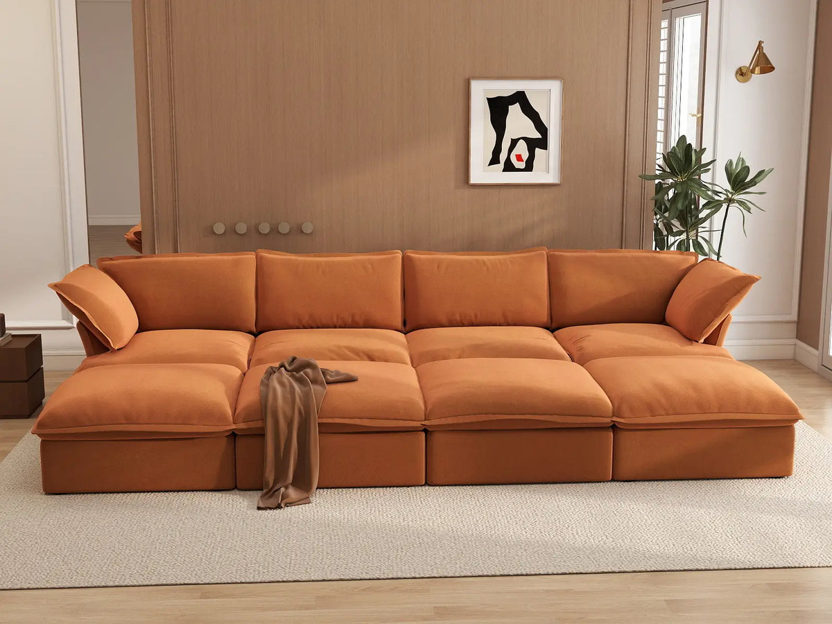 Deluxe Cloud 4-Seater Pit Sectional with Storage | 8-Piece (includes 4 ottomans), Velvet Fabric, Washable Covers