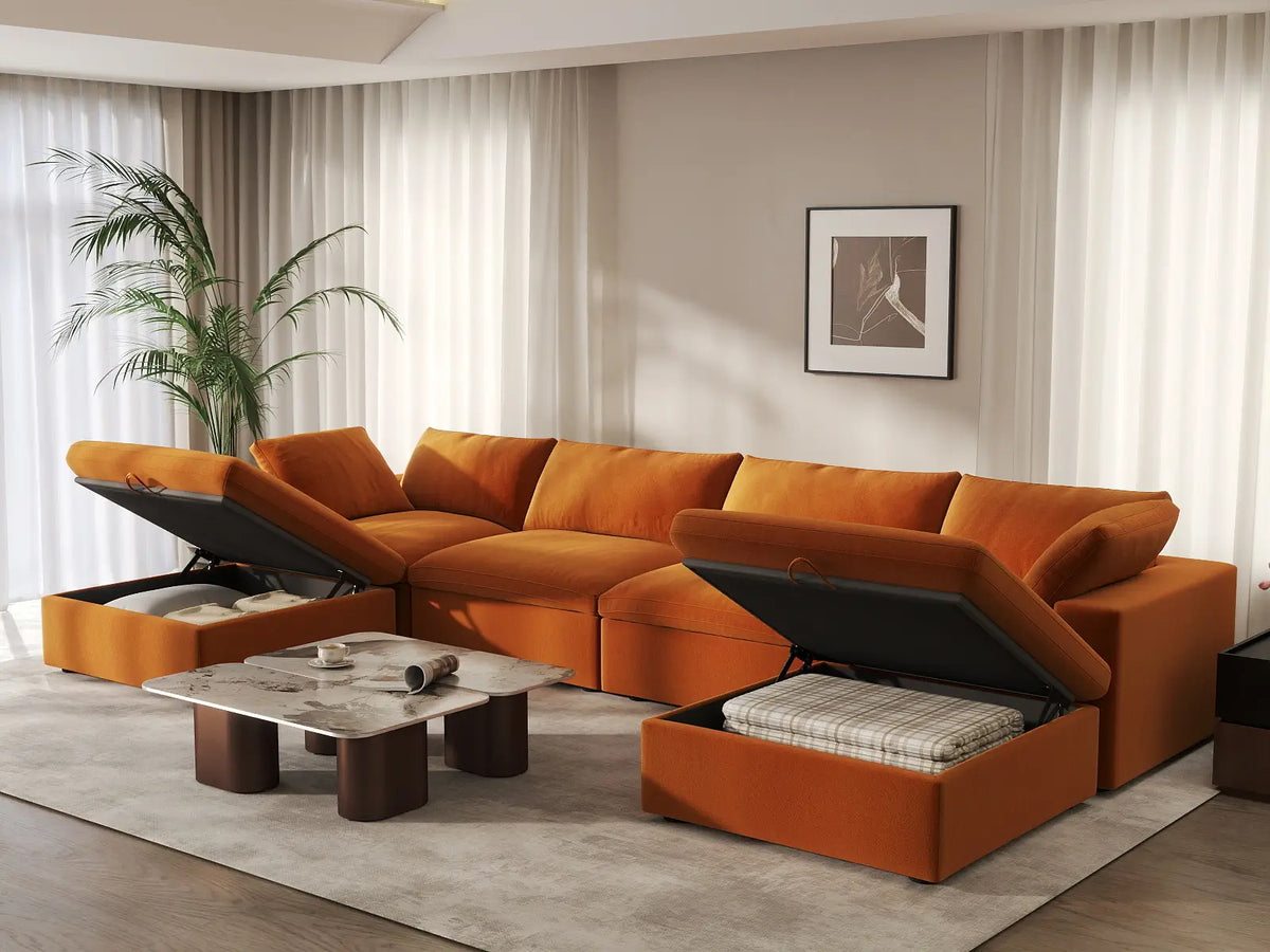 Deluxe Cloud 4-Seater Terracotta U-Shaped Sectional | 6-Piece (Includes 2 Ottomans), Velvet Fabric, Family Room Seating, Washable Cushion Covers