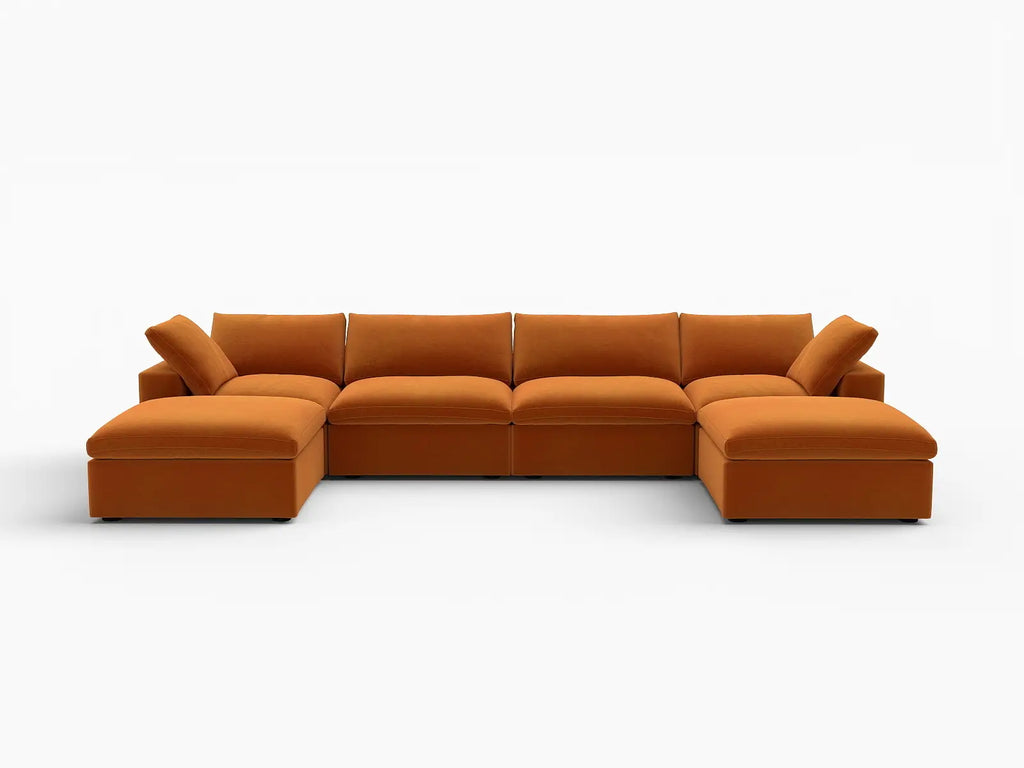 Deluxe Cloud 4-Seater Terracotta U-Shaped Sectional | 6-Piece (Includes 2 Ottomans), Velvet Fabric, Family Room Seating, Washable Cushion Covers