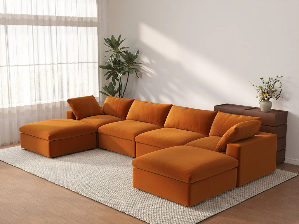 Deluxe Cloud 4-Seater Terracotta U-Shaped Sectional | 6-Piece (Includes 2 Ottomans), Velvet Fabric, Family Room Seating, Washable Cushion Covers