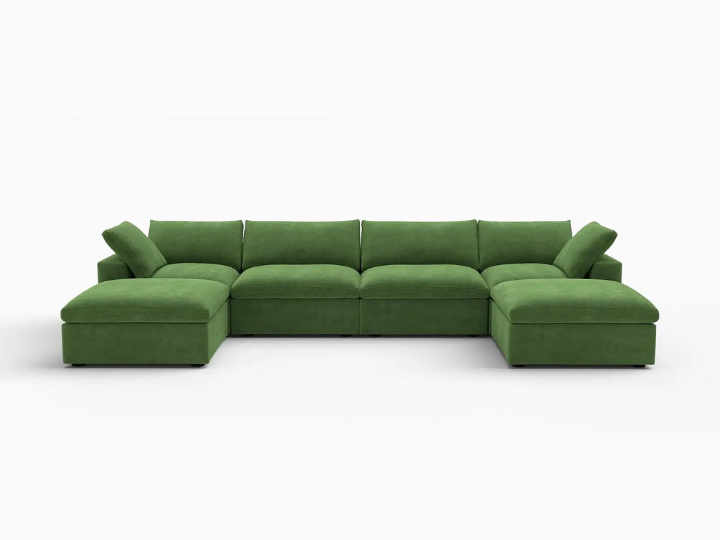 Deluxe Cloud 4-Seater U-Shaped Sectional in Earth Green Velvet | 6-Piece (Includes 2 Ottomans), Family Room Seating, Easy To Clean, Large Space