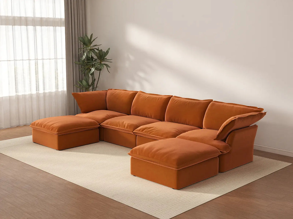 Deluxe Cloud 4-Seater U-Shaped Sofa with Storage | 6-Piece (includes 2 ottomans), Velvet Fabric, Washable Covers