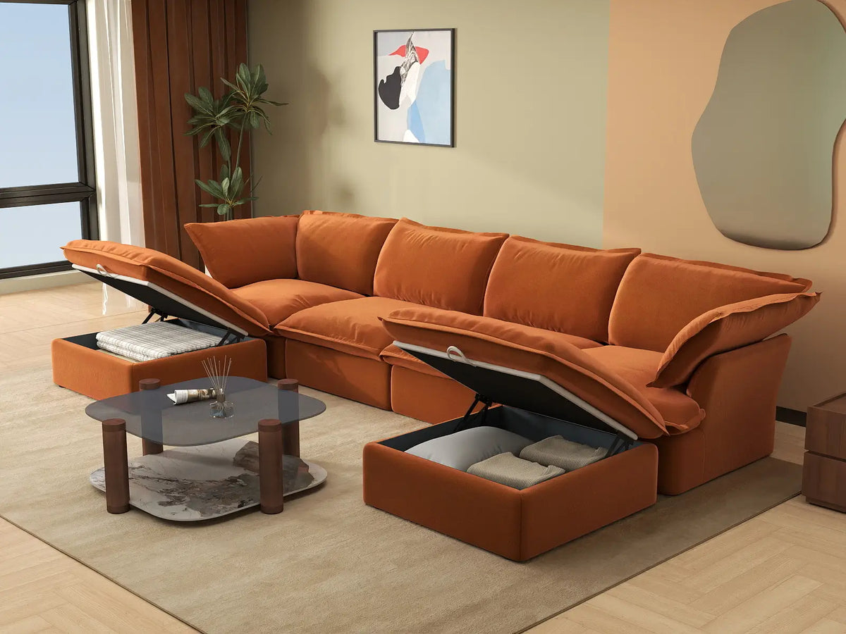 Deluxe Cloud 4-Seater U-Shaped Sofa with Storage | 6-Piece (includes 2 ottomans), Velvet Fabric, Washable Covers