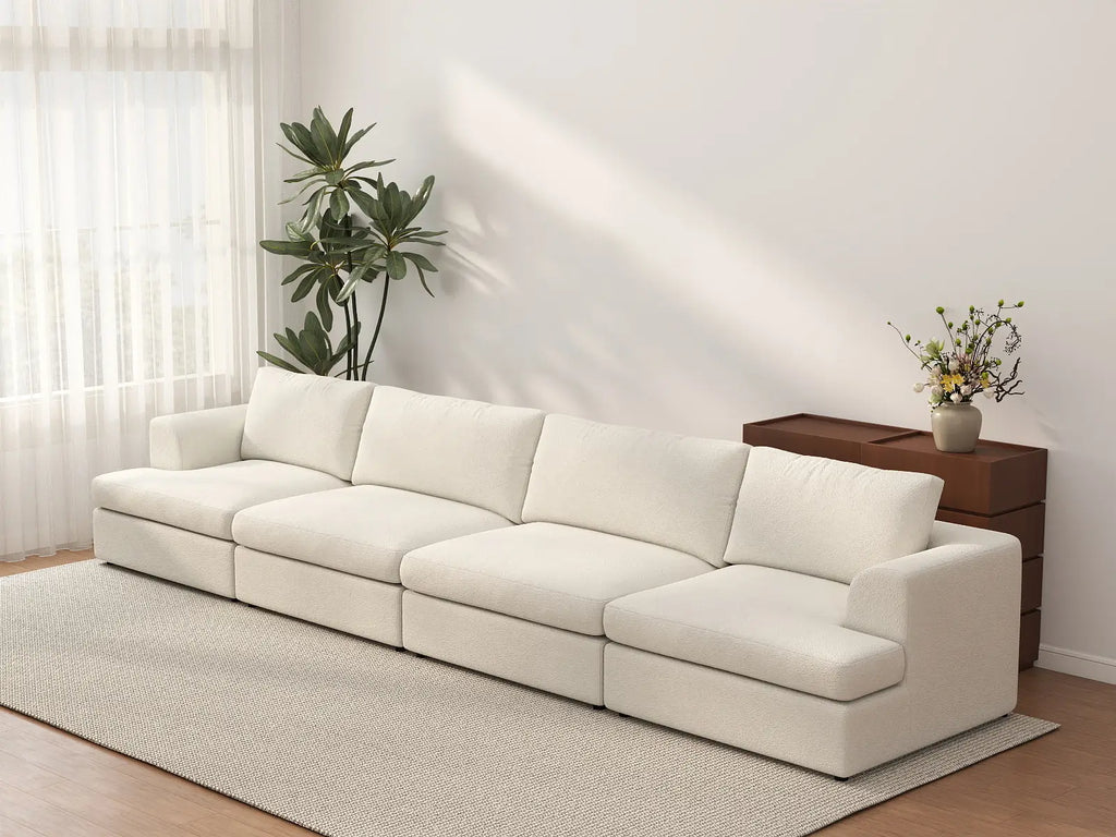 Deluxe Cloud 4-Seater White Large Space Couch Sectional | 4-Piece, Bouclé Sherpa-Like Fabric, Easy To Clean