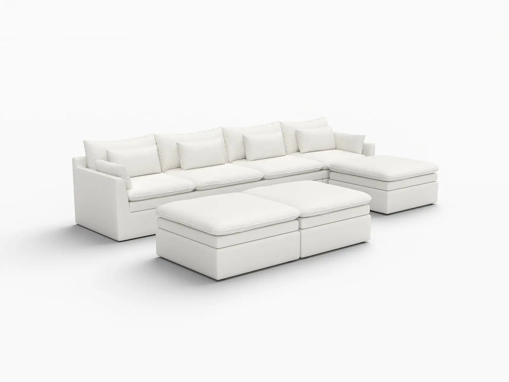 Deluxe Cloud 4-Seater White Large Space Sofa Set | 7-Piece (Includes 3 Ottomans), Linen Look Poly Fabric, Easy To Clean