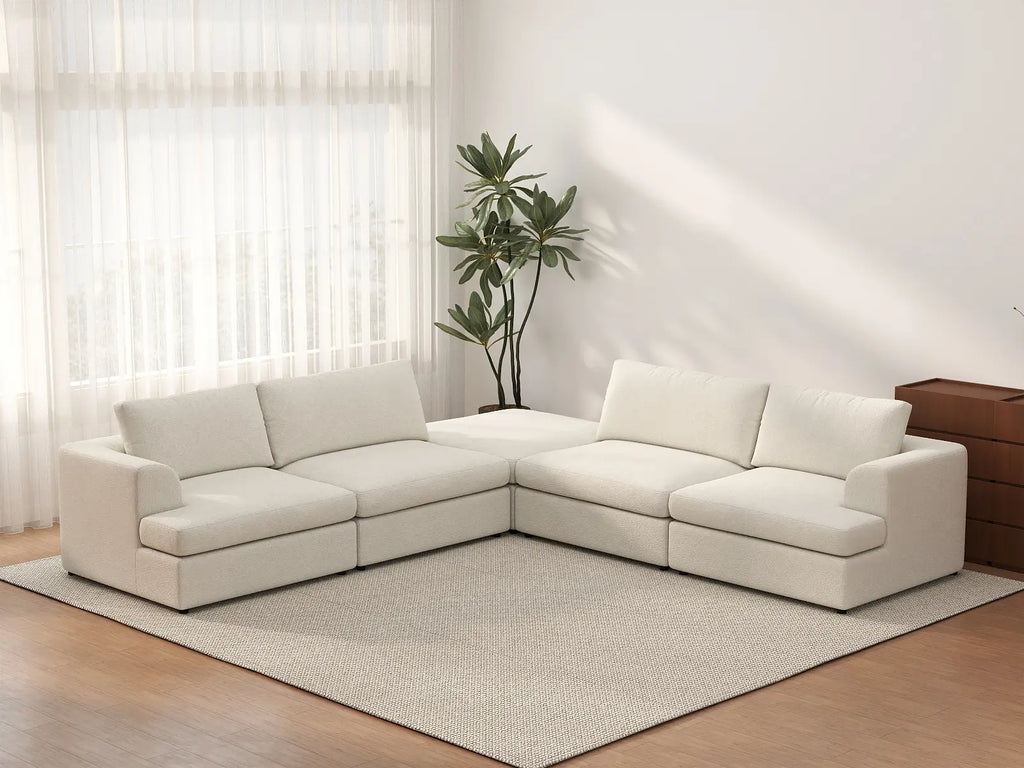Deluxe Cloud 4-Seater White Large Space V-Shaped Sectional | 5-Piece (Includes 1 Ottoman), Bouclé Sherpa-Like Fabric, Easy To Clean
