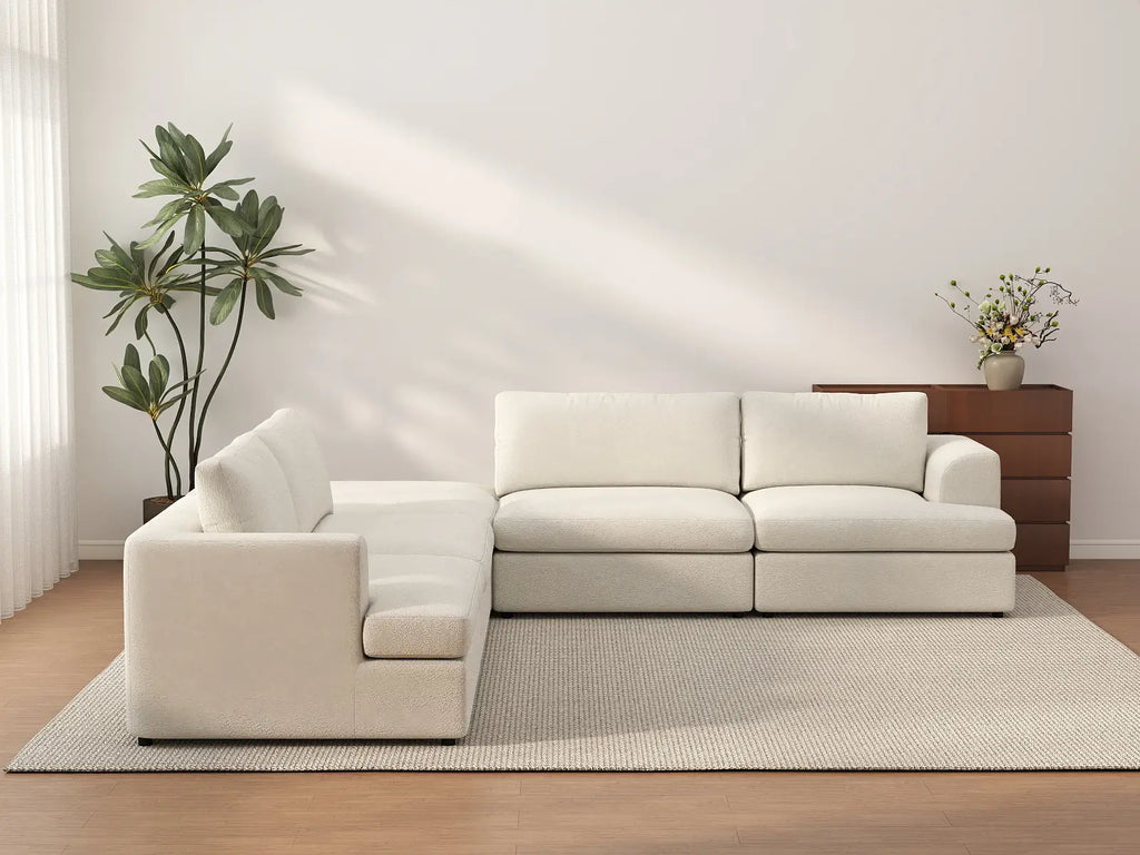 Deluxe Cloud 4-Seater White Large Space V-Shaped Sectional | 5-Piece (Includes 1 Ottoman), Bouclé Sherpa-Like Fabric, Easy To Clean