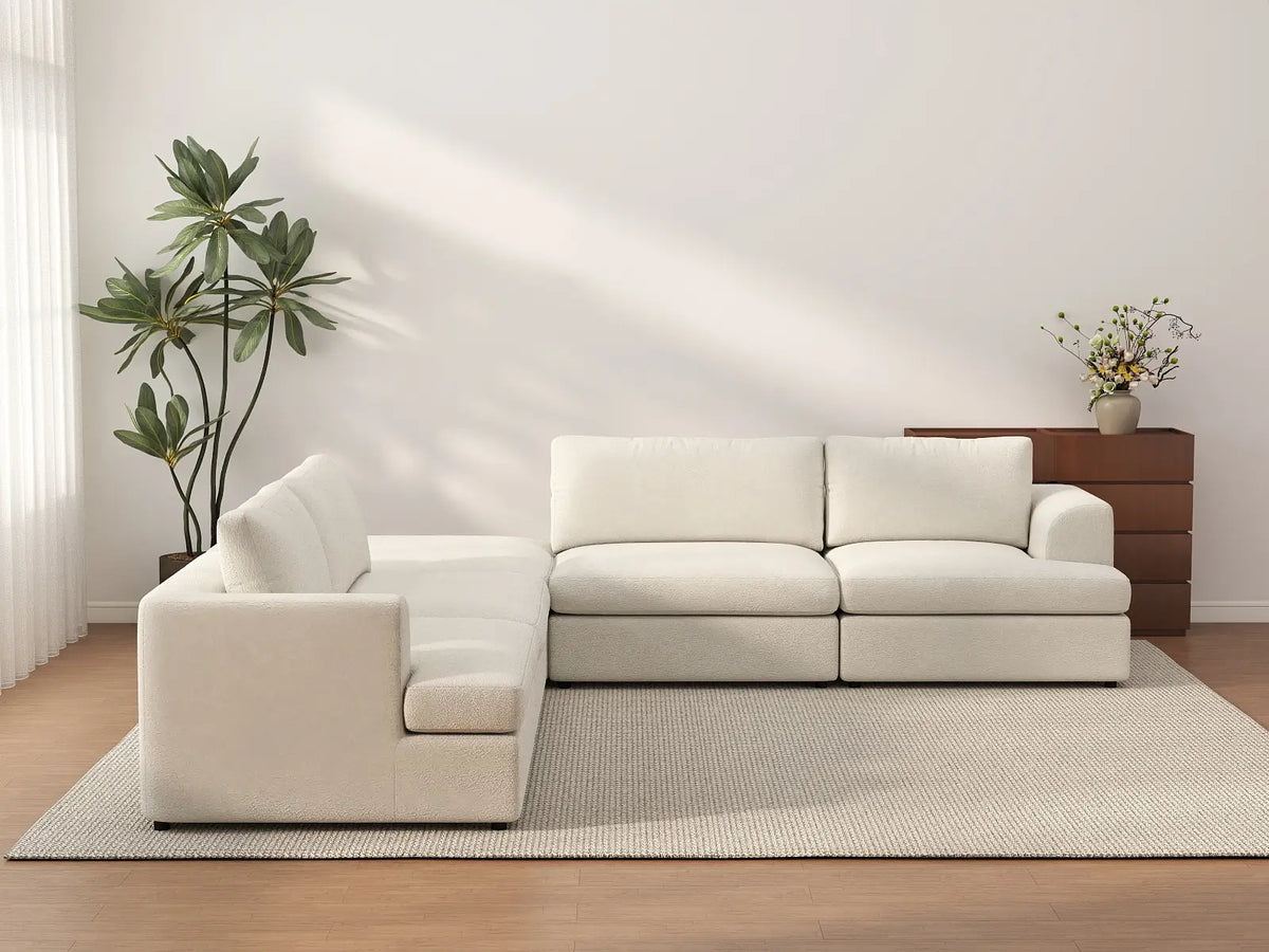 Deluxe Cloud 4-Seater White Large Space V-Shaped Sectional | 5-Piece (Includes 1 Ottoman), Bouclé Sherpa-Like Fabric, Easy To Clean