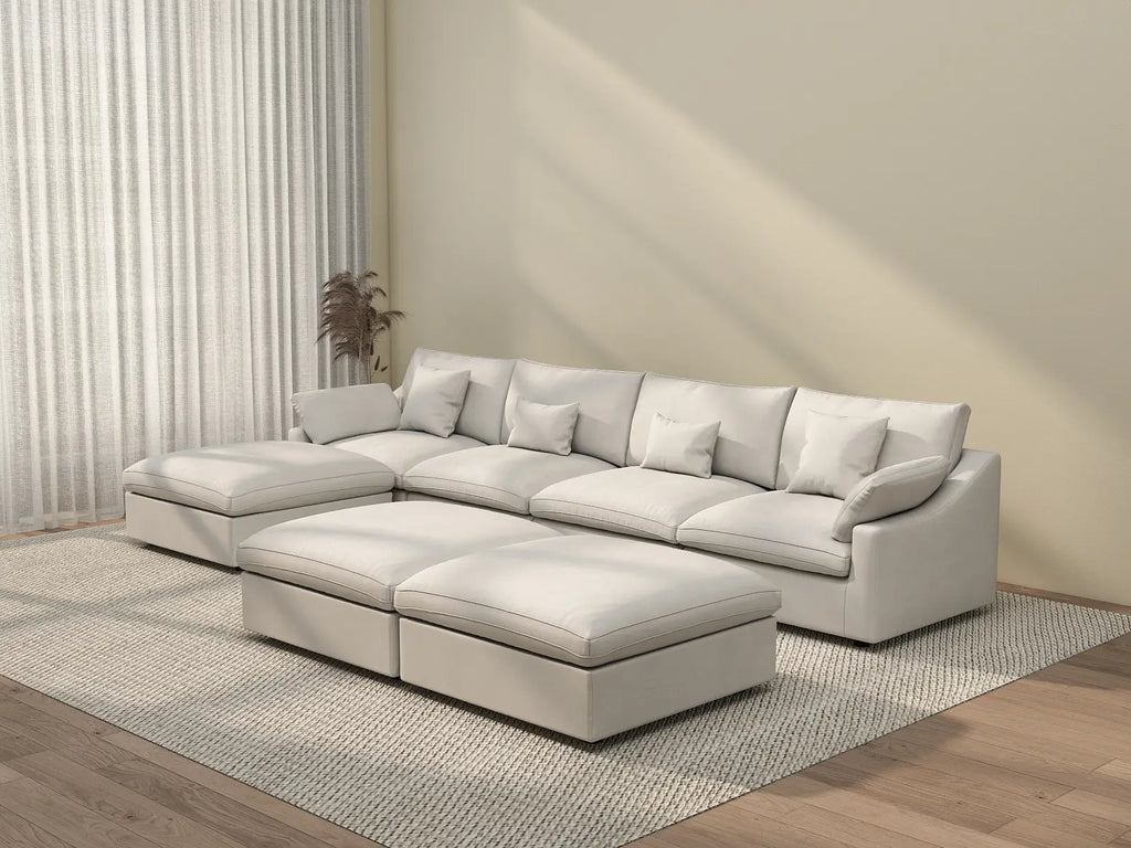Deluxe Cloud 4-Seater White Pit Sectional | 7-Piece (Includes 3 Ottomans), Chenille And Linen Fabric, Washable Cushion Covers