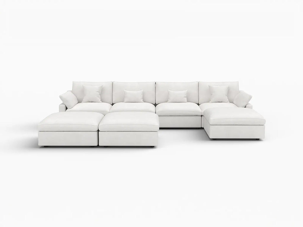 Deluxe Cloud 4-Seater White Pit Sectional | 7-Piece (Includes 3 Ottomans), Chenille And Linen Fabric, Washable Cushion Covers