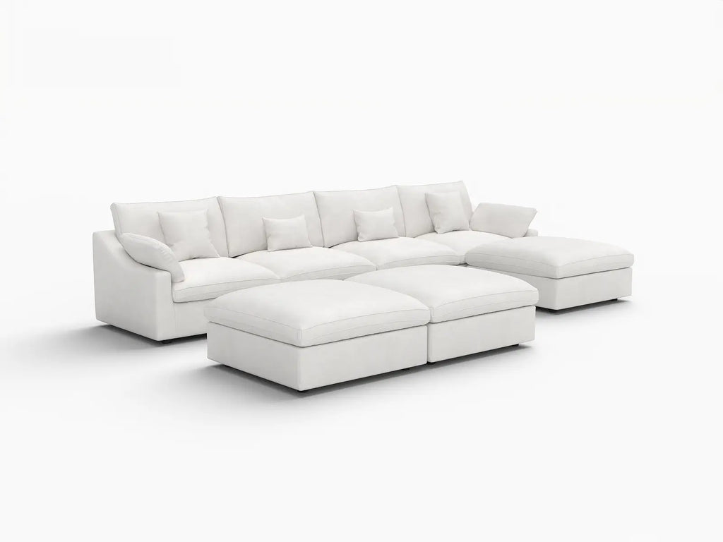 Deluxe Cloud 4-Seater White Pit Sectional | 7-Piece (Includes 3 Ottomans), Chenille And Linen Fabric, Washable Cushion Covers