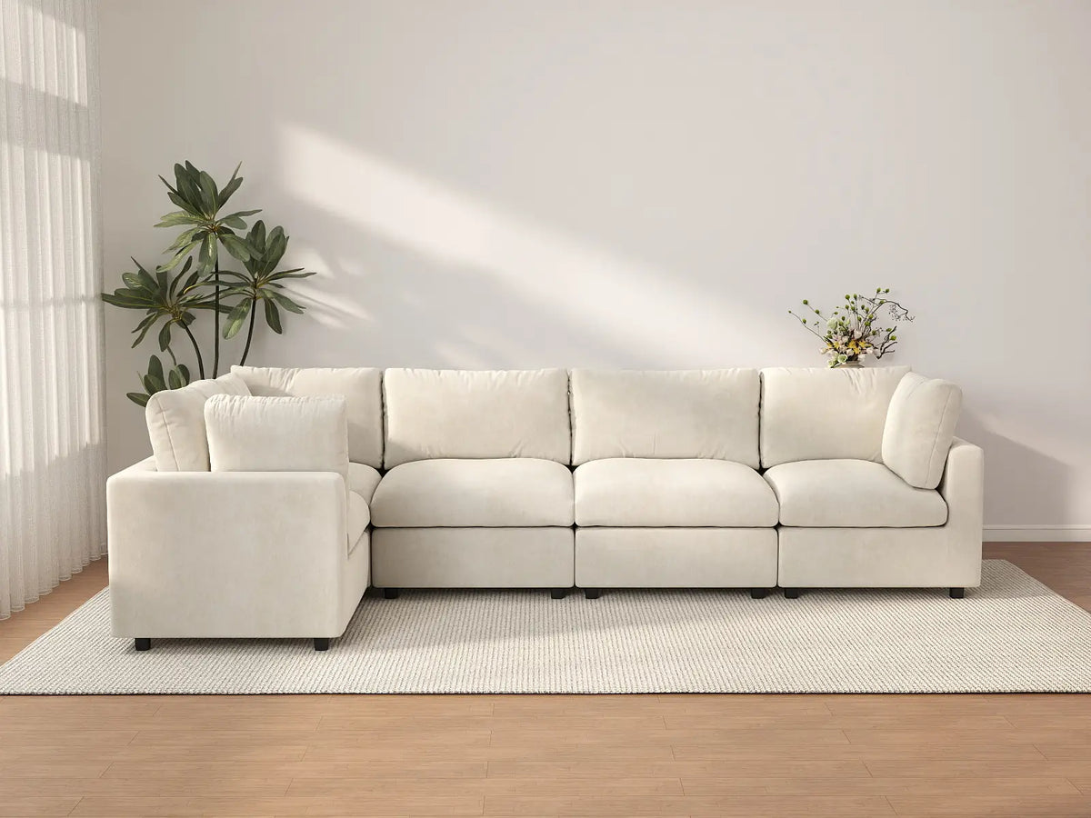 Deluxe Cloud 5-Seater Beige Large Space L-Shaped Sectional | 5-Piece, Linen-Blend Chenille Fabric, Easy To Clean