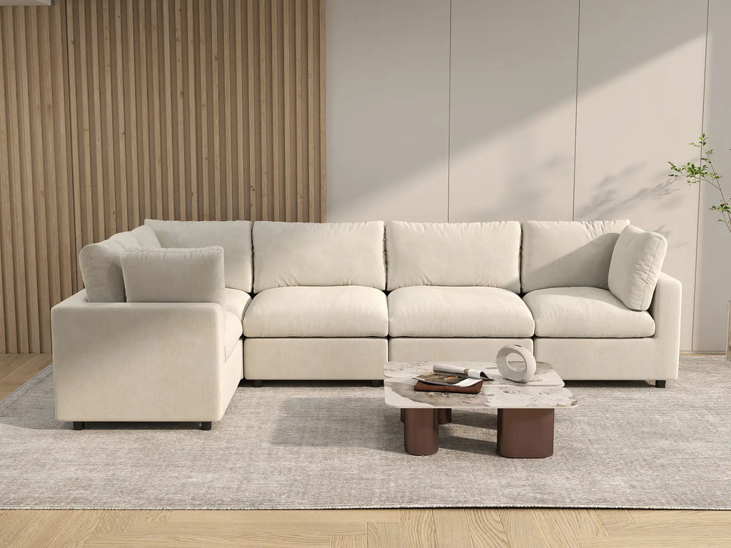 Deluxe Cloud 5-Seater Beige Large Space L-Shaped Sectional | 5-Piece, Linen-Blend Chenille Fabric, Easy To Clean