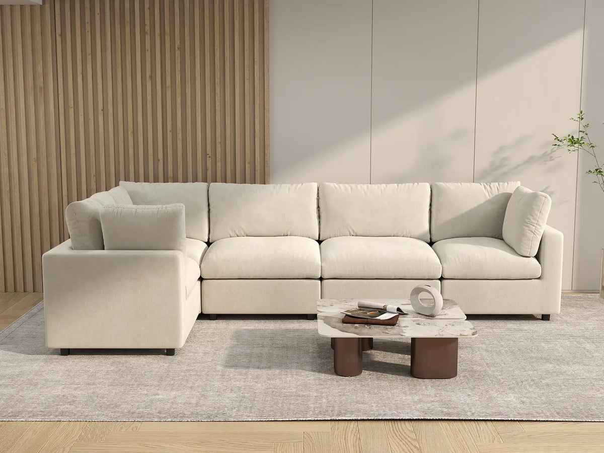 Deluxe Cloud 5-Seater Beige Large Space L-Shaped Sectional | 5-Piece, Linen-Blend Chenille Fabric, Easy To Clean