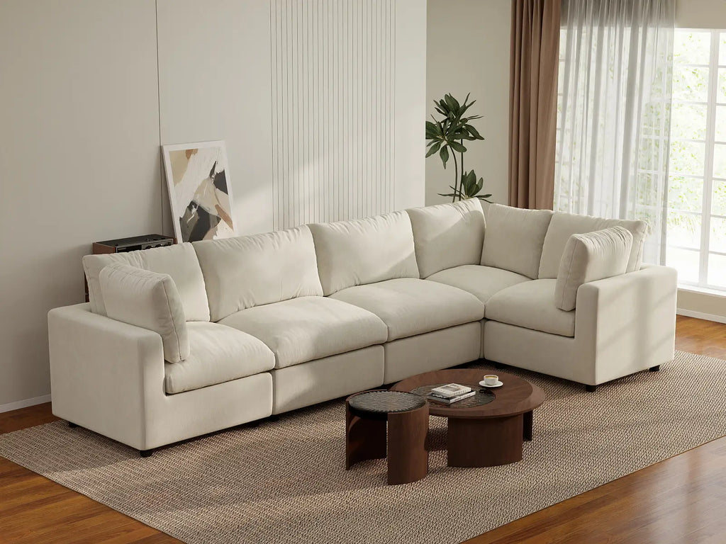 Deluxe Cloud 5-Seater Beige Large Space L-Shaped Sectional | 5-Piece, Linen-Blend Chenille Fabric, Easy To Clean