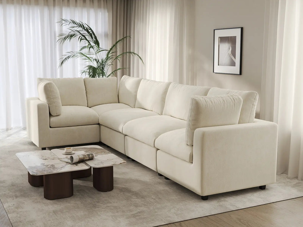Deluxe Cloud 5-Seater Beige Large Space L-Shaped Sectional | 5-Piece, Linen-Blend Chenille Fabric, Easy To Clean