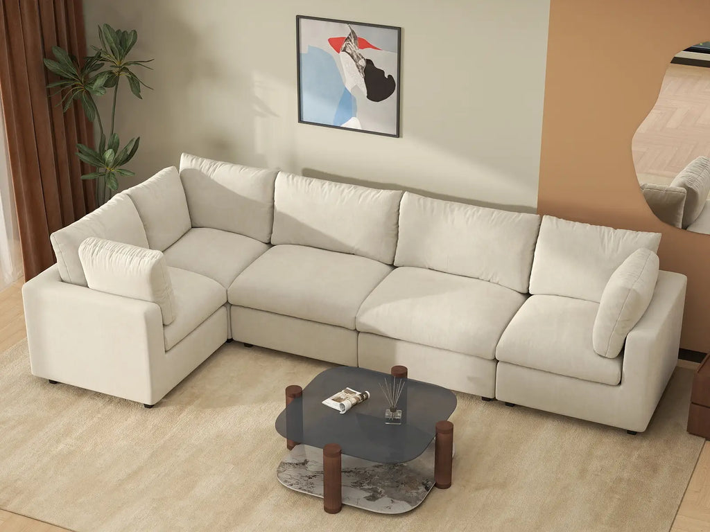 Deluxe Cloud 5-Seater Beige Large Space L-Shaped Sectional | 5-Piece, Linen-Blend Chenille Fabric, Easy To Clean