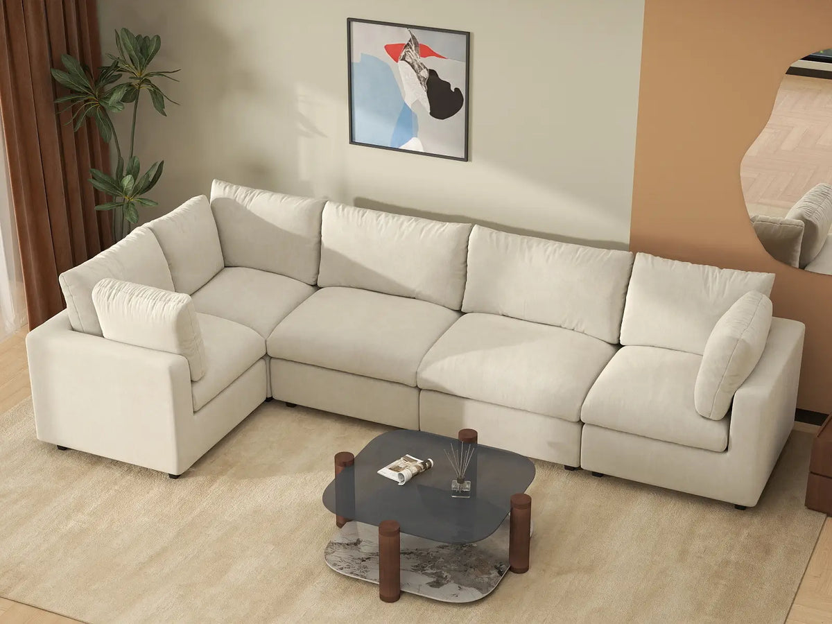 Deluxe Cloud 5-Seater Beige Large Space L-Shaped Sectional | 5-Piece, Linen-Blend Chenille Fabric, Easy To Clean