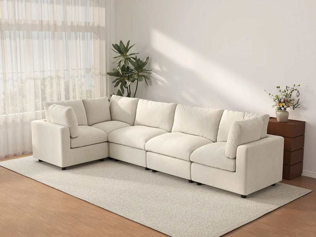 Deluxe Cloud 5-Seater Beige Large Space L-Shaped Sectional | 5-Piece, Linen-Blend Chenille Fabric, Easy To Clean