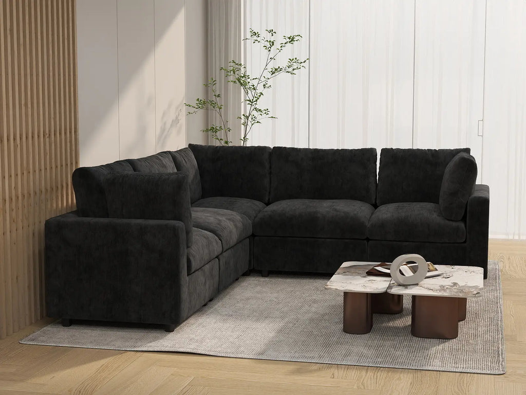 Deluxe Cloud 5-Seater Black V-Shaped Sectional | 5-Piece, Linen-Blend Chenille Fabric, Washable Cushion Covers