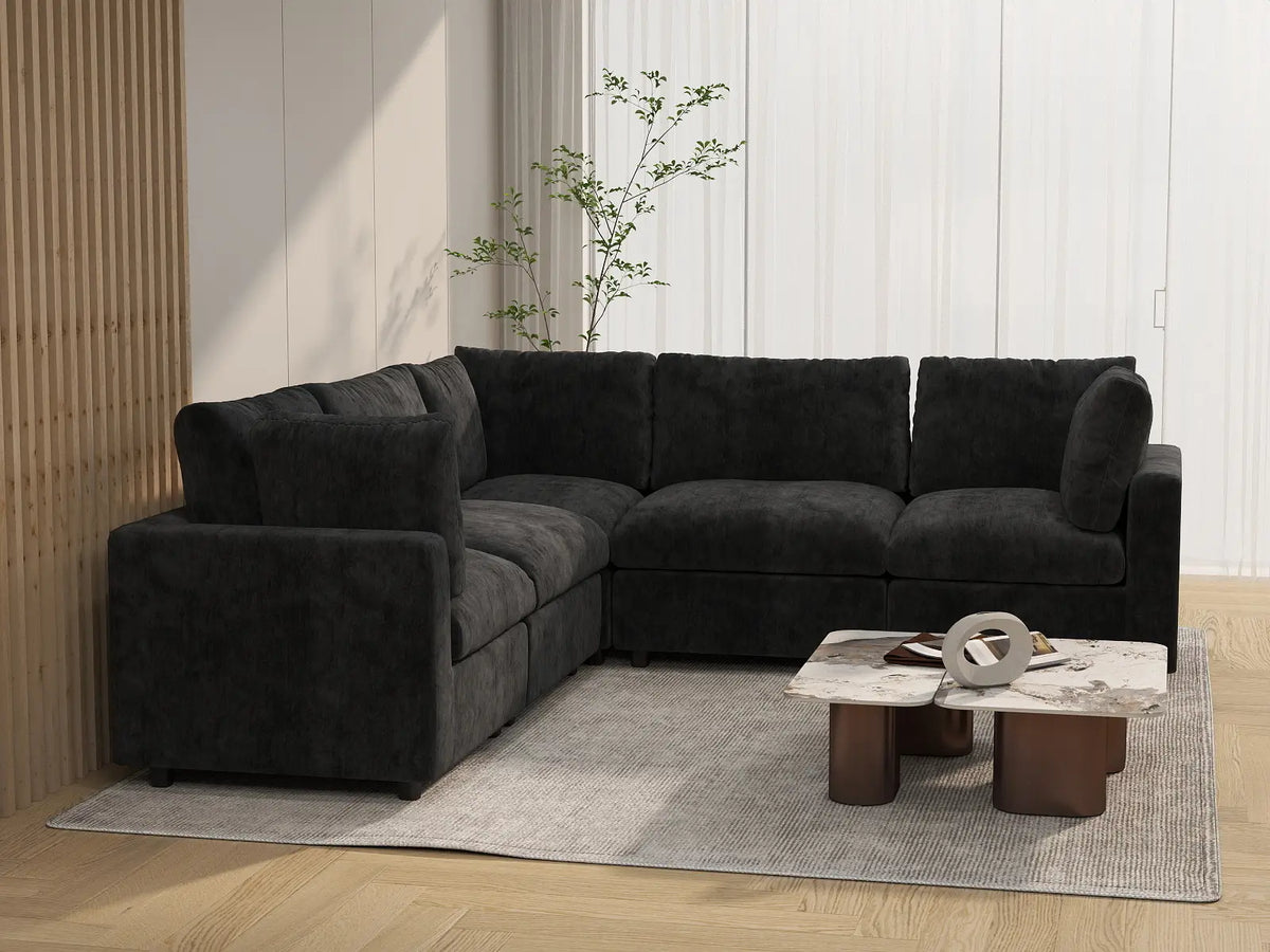 Deluxe Cloud 5-Seater Black V-Shaped Sectional | 5-Piece, Linen-Blend Chenille Fabric, Washable Cushion Covers