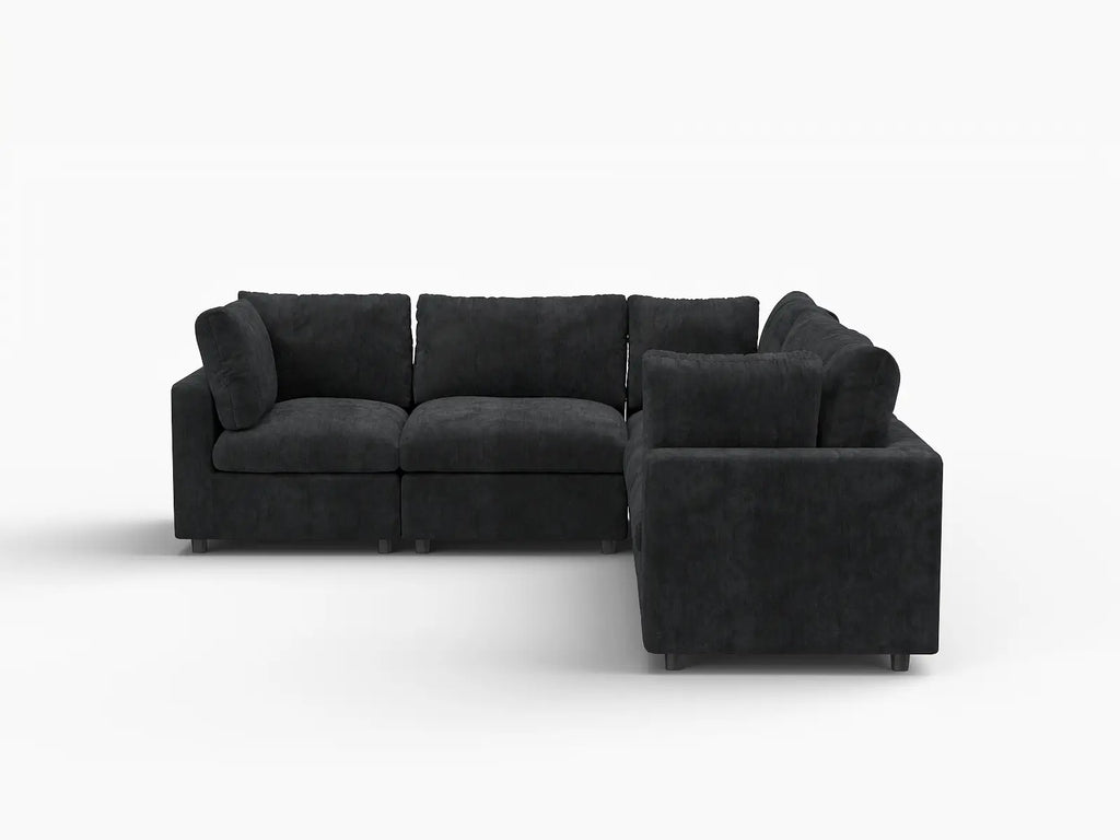 Deluxe Cloud 5-Seater Black V-Shaped Sectional | 5-Piece, Linen-Blend Chenille Fabric, Washable Cushion Covers