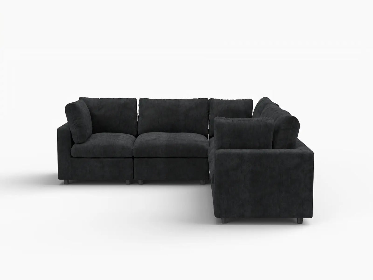 Deluxe Cloud 5-Seater Black V-Shaped Sectional | 5-Piece, Linen-Blend Chenille Fabric, Washable Cushion Covers