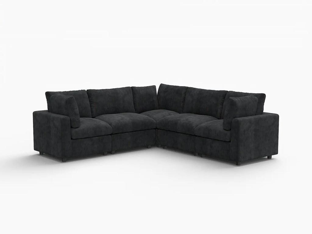 Deluxe Cloud 5-Seater Black V-Shaped Sectional | 5-Piece, Linen-Blend Chenille Fabric, Washable Cushion Covers