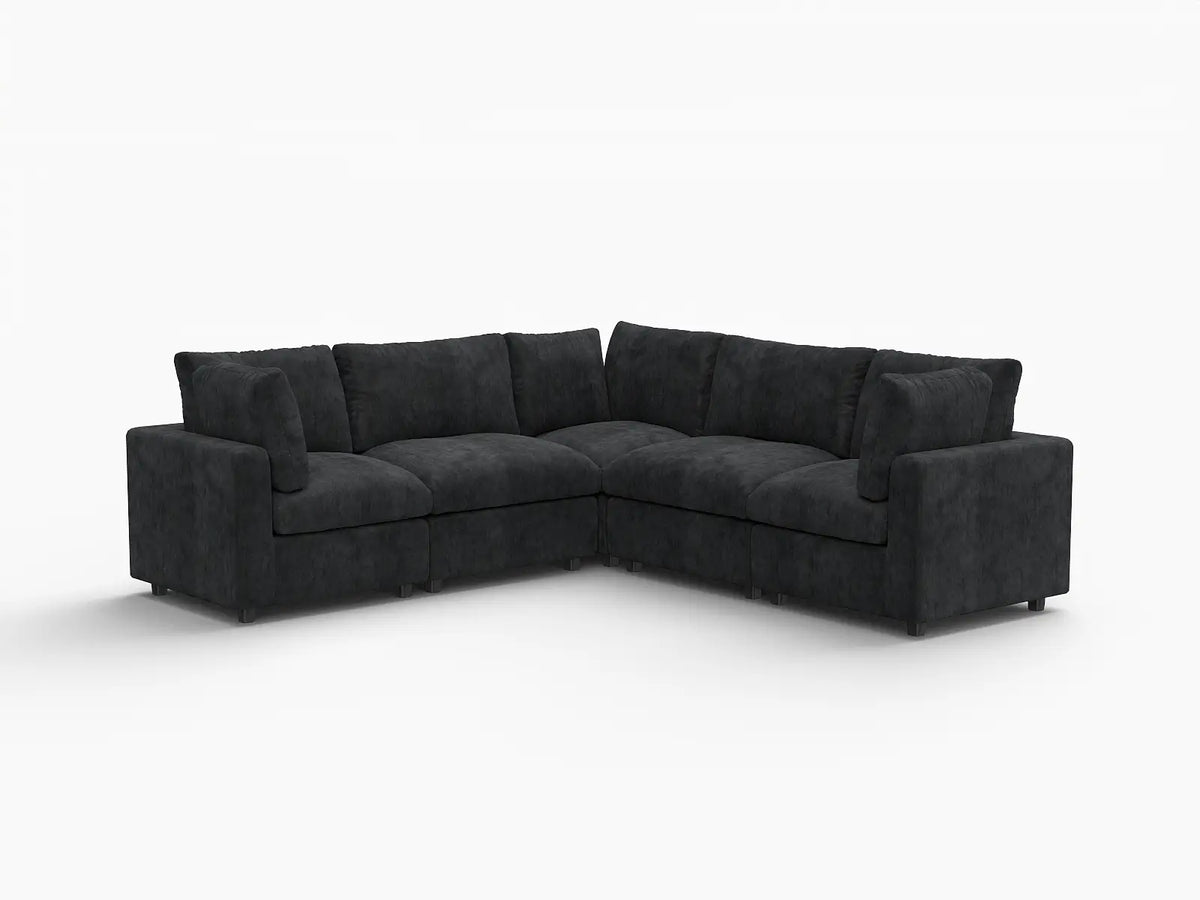 Deluxe Cloud 5-Seater Black V-Shaped Sectional | 5-Piece, Linen-Blend Chenille Fabric, Washable Cushion Covers