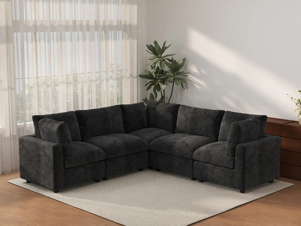 Deluxe Cloud 5-Seater Black V-Shaped Sectional | 5-Piece, Linen-Blend Chenille Fabric, Washable Cushion Covers