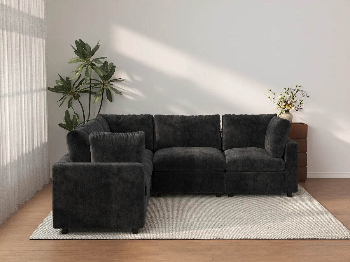 Deluxe Cloud 5-Seater Black V-Shaped Sectional | 5-Piece, Linen-Blend Chenille Fabric, Washable Cushion Covers