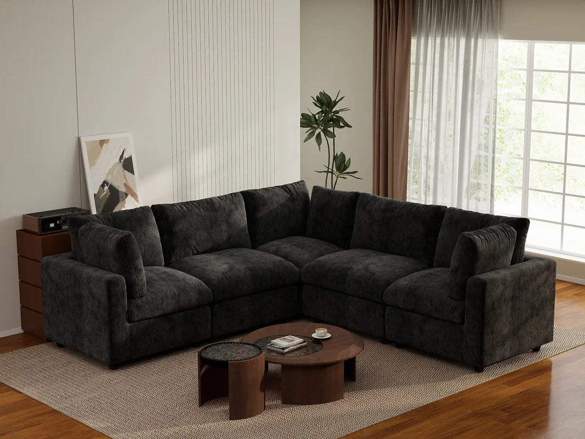 Deluxe Cloud 5-Seater Black V-Shaped Sectional | 5-Piece, Linen-Blend Chenille Fabric, Washable Cushion Covers